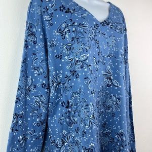 J Jill Simply Supima Cotton Tunic Top Med Floral Print V-Neck Blue Shirt